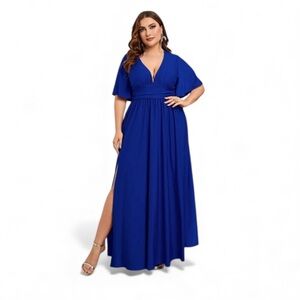 Royal Blue  Satin Maxi Gown with Plunge Neckline and Dolman Sleeves